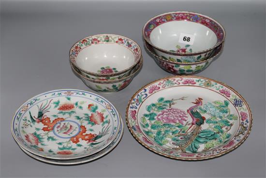 Four Chinese straits famille rose bowls, a plate and two famille rose plates